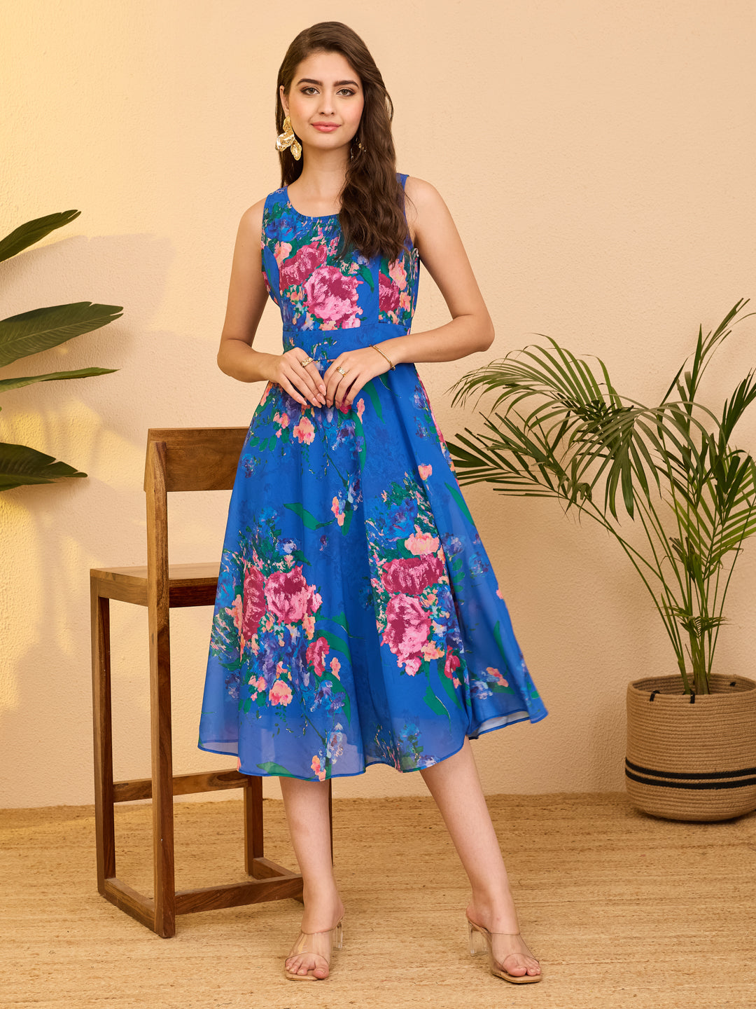 Janasya Royal Blue A-Line Georgette Dress - Dista