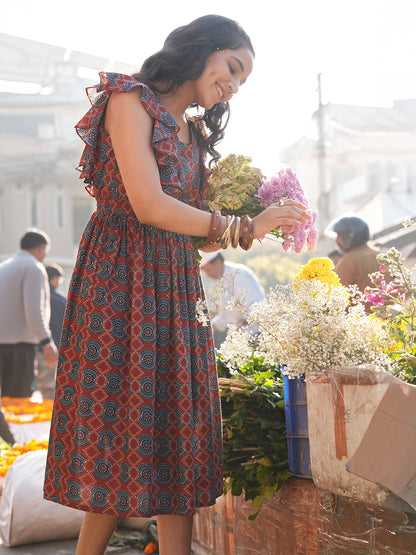 Janasya Rust Fit & Flare Cotton Dress - Dista