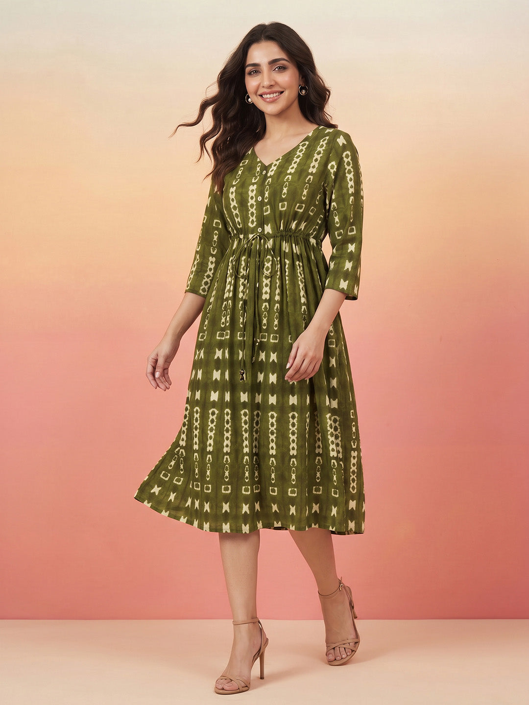 Janasya Olive Fit & Flare Cotton Dress - Dista