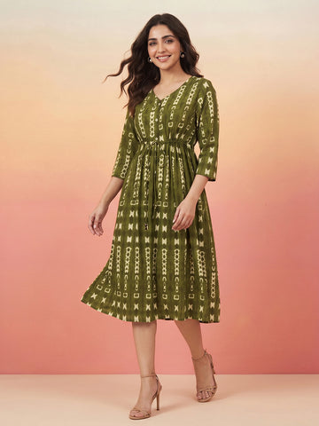 Janasya Olive Fit & Flare Cotton Dress - Dista