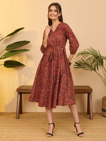 Janasya Rust A-Line Cotton Dress - Dista
