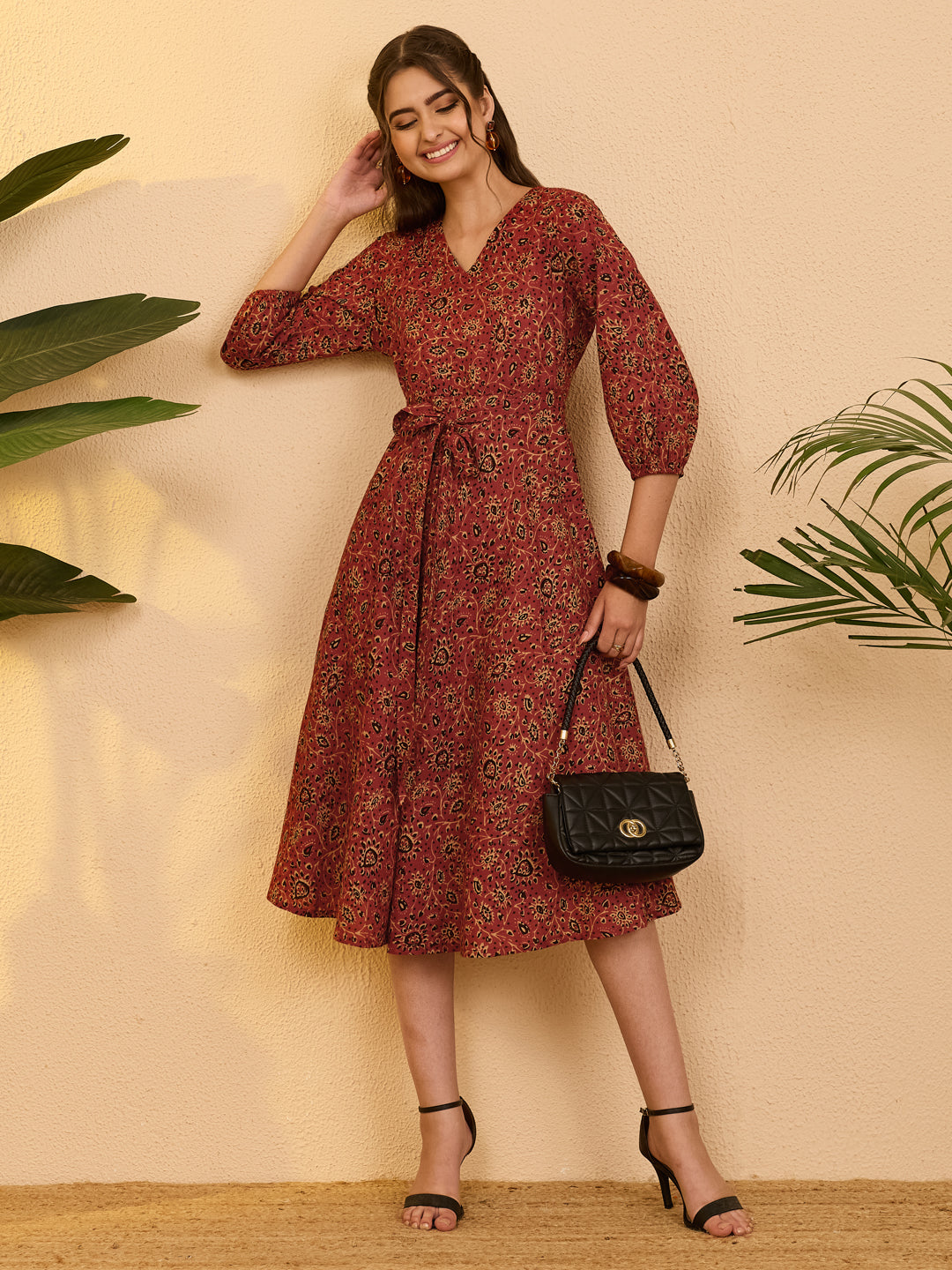 Janasya Rust A-Line Cotton Dress - Dista