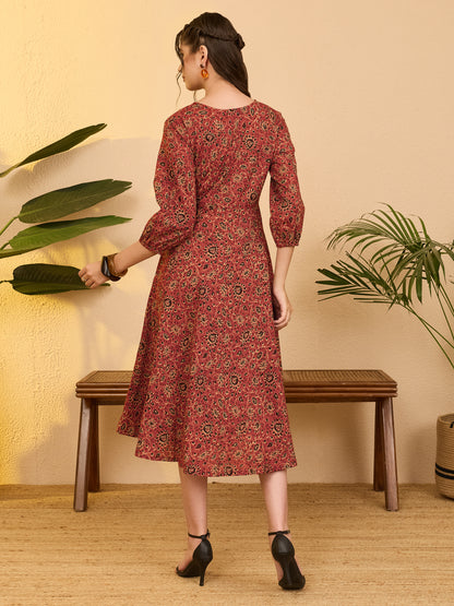 Janasya Rust A-Line Cotton Dress - Dista
