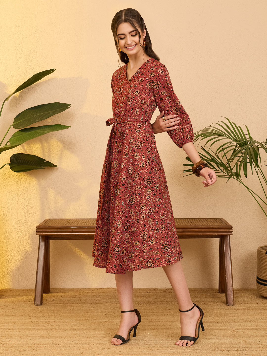 Janasya Rust A-Line Cotton Dress - Dista