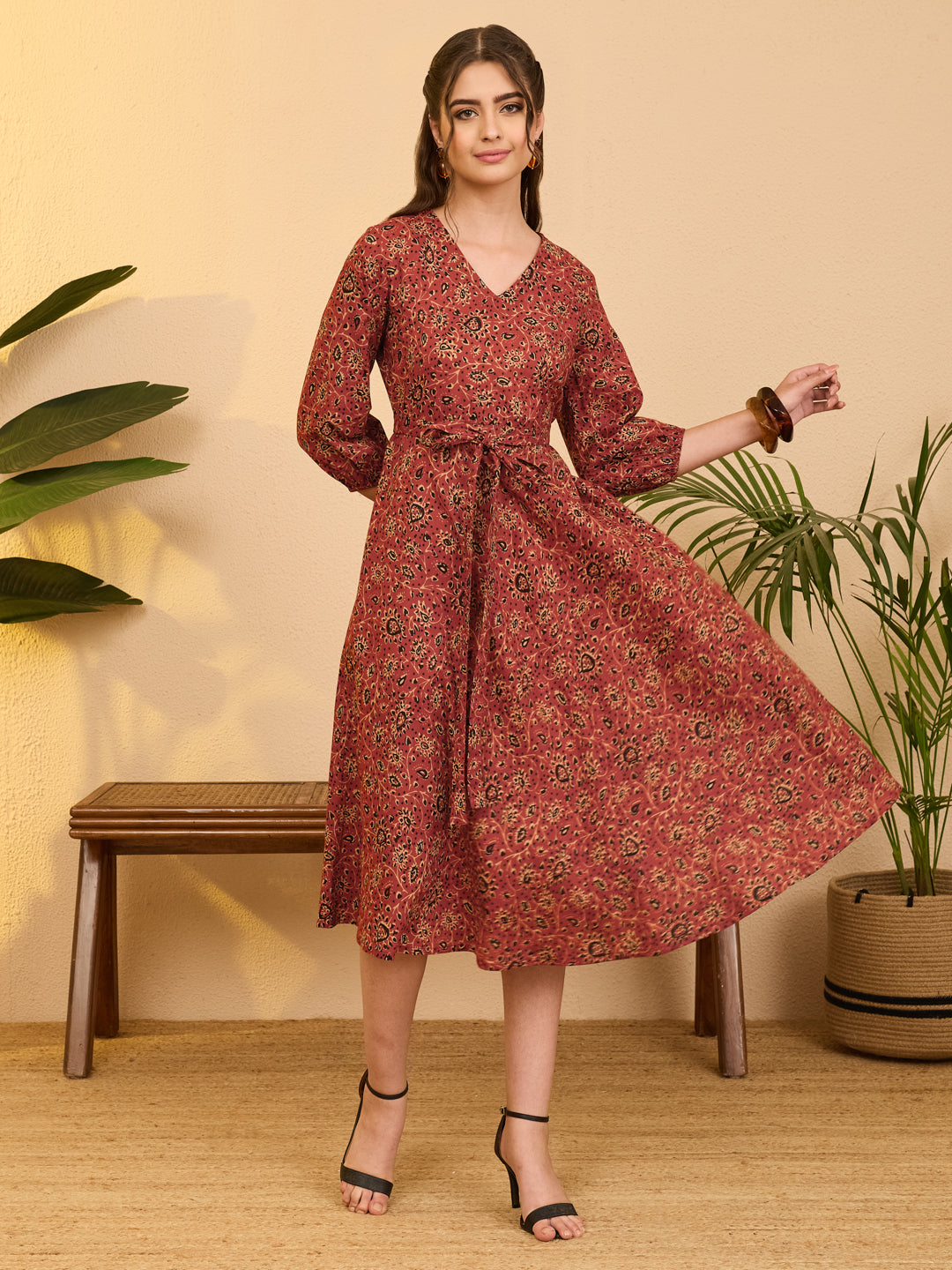 Janasya Rust A-Line Cotton Dress - Dista