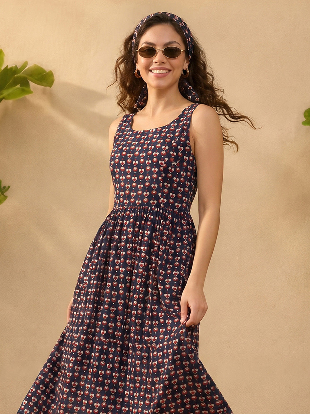 Janasya Navy Blue Gathered Cotton Dress - Dista