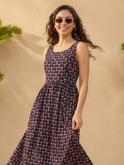 Janasya Navy Blue Gathered Cotton Dress - Dista