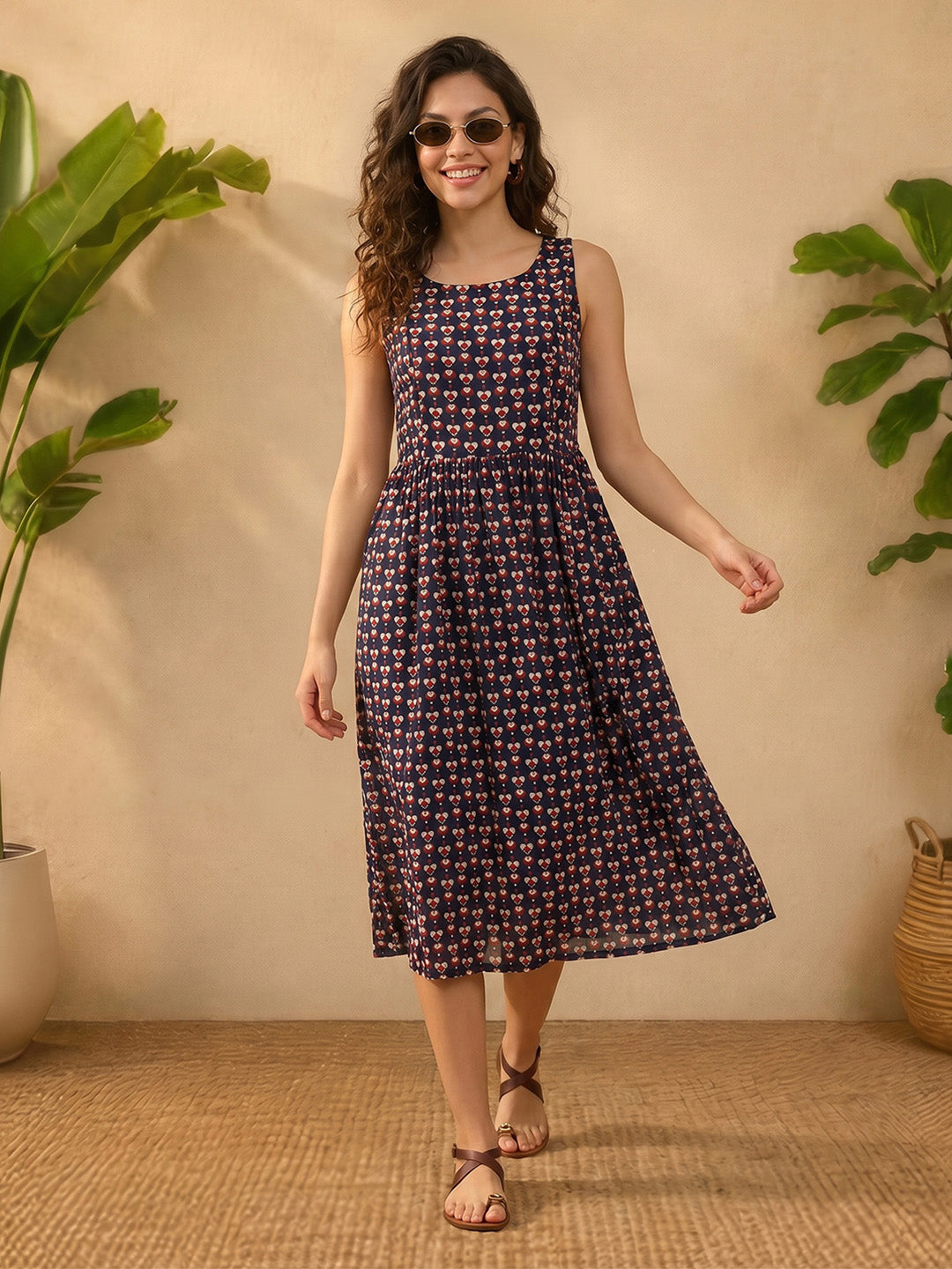 Janasya Navy Blue Gathered Cotton Dress - Dista