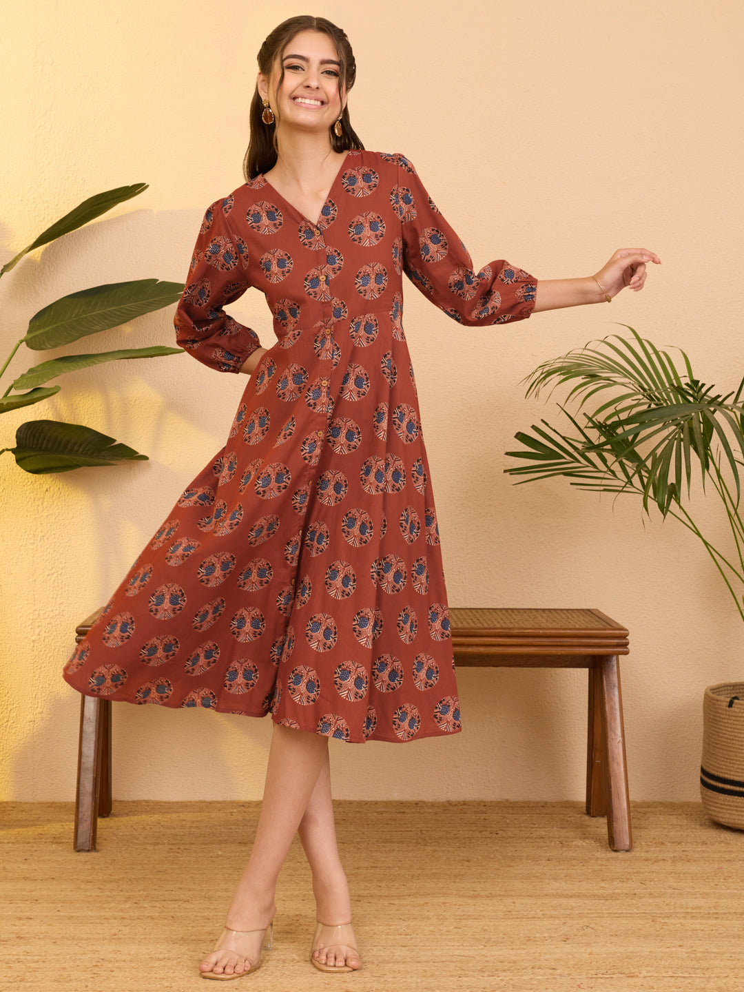 Janasya Red A-Line Cotton Dress - Dista