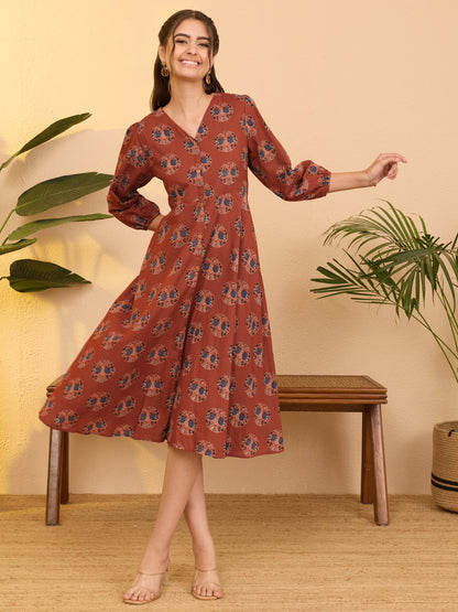 Janasya Red A-Line Cotton Dress - Dista