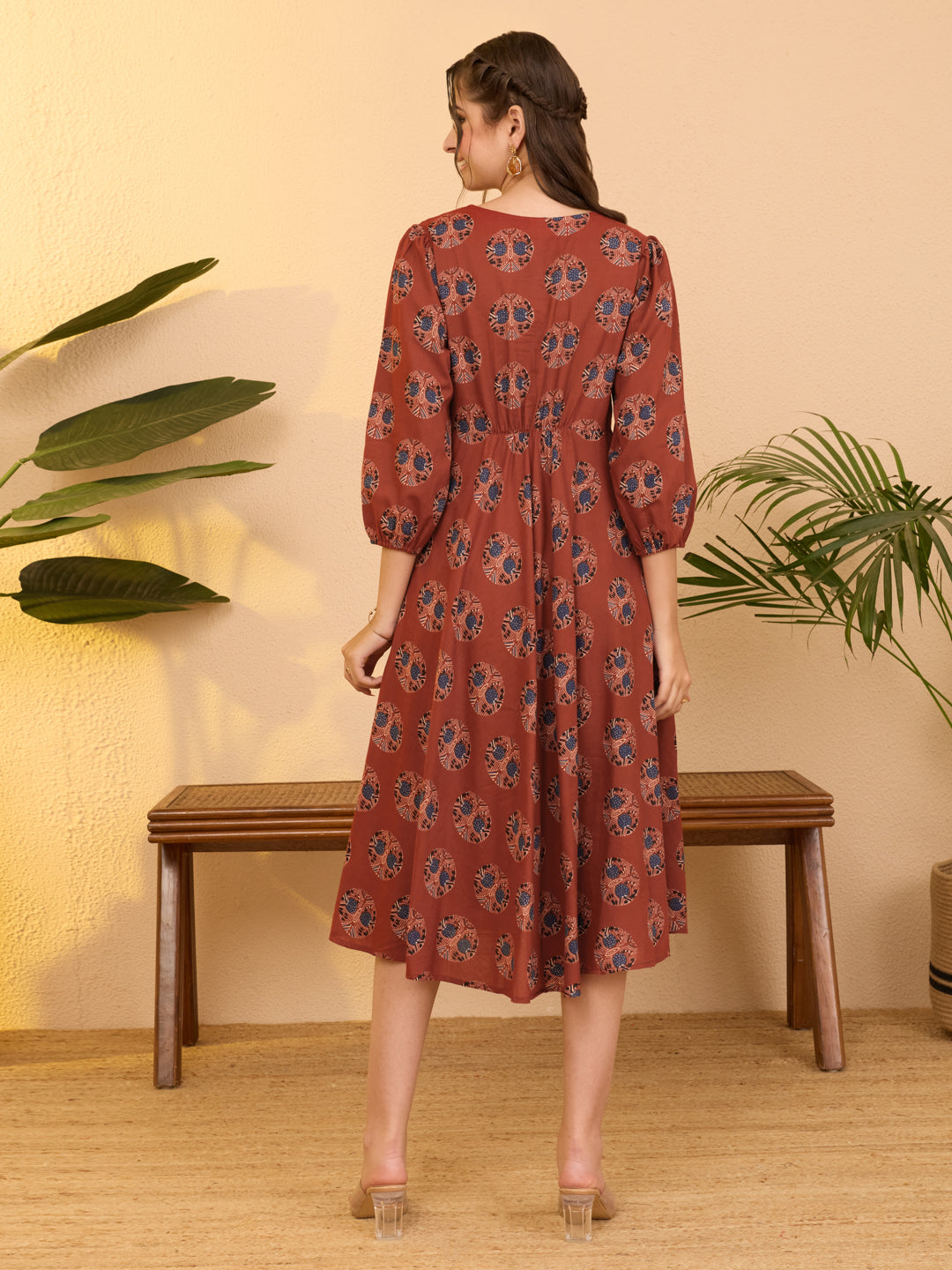 Janasya Red A-Line Cotton Dress - Dista