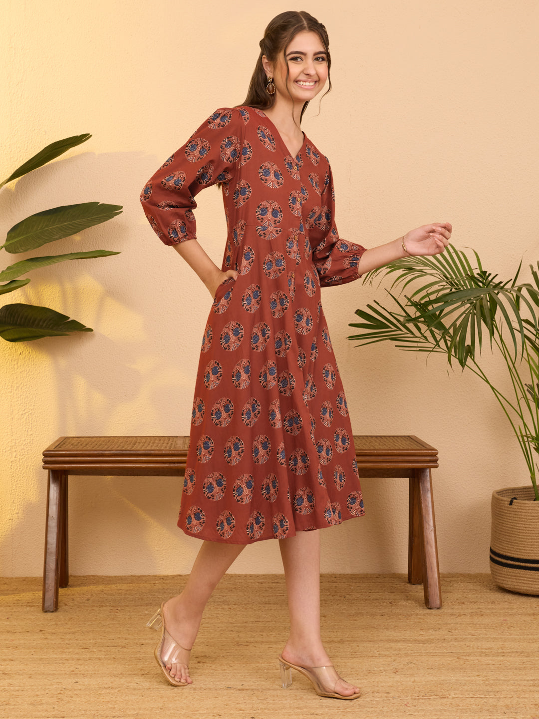 Janasya Red A-Line Cotton Dress - Dista