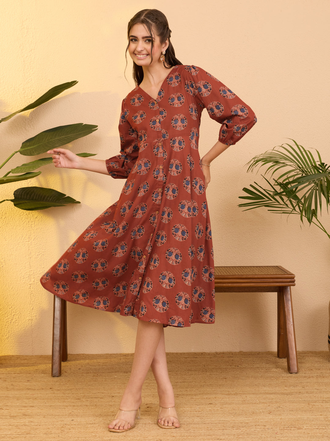 Janasya Red A-Line Cotton Dress - Dista