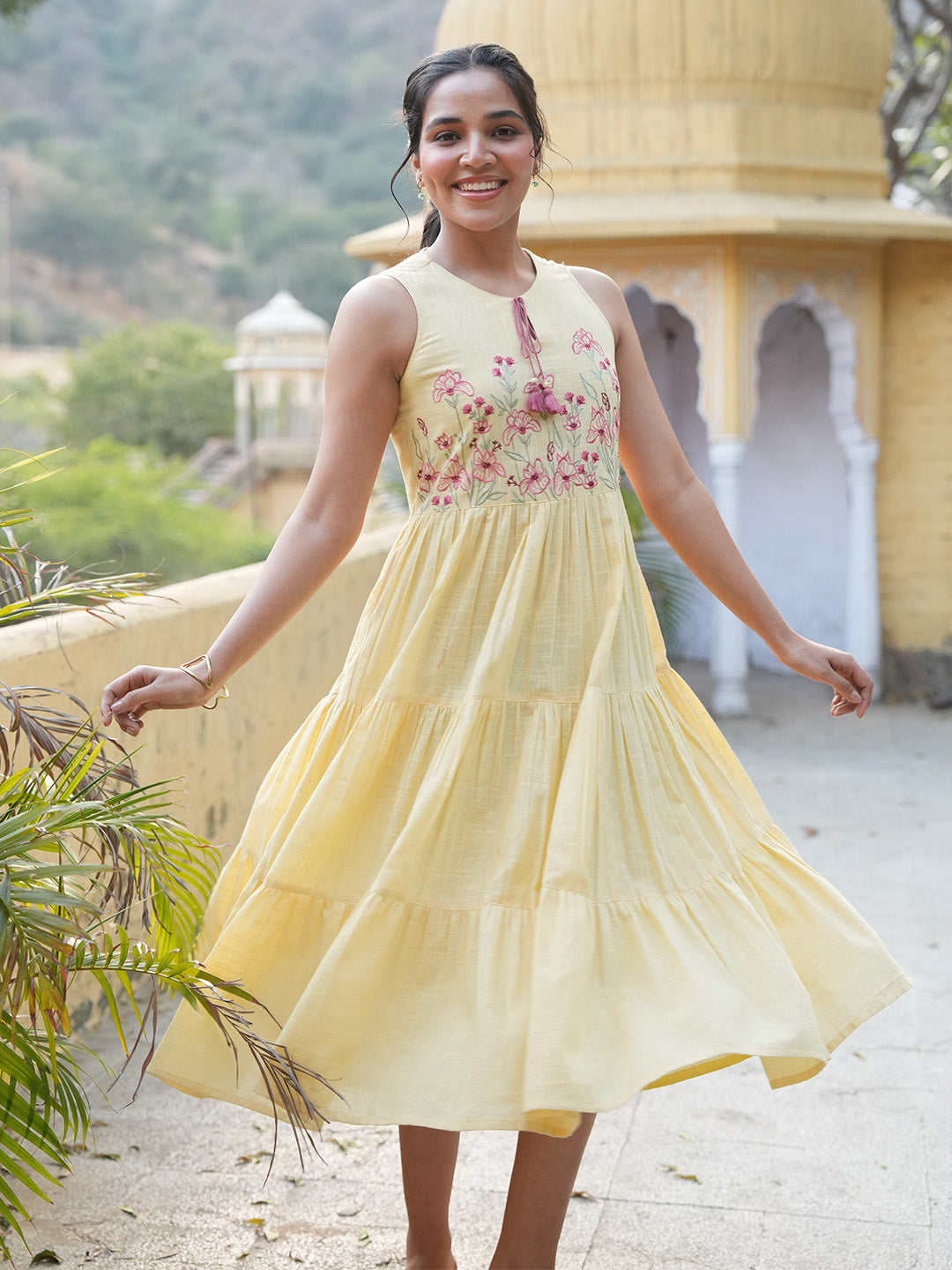 Janasya Yellow Tiered Cotton Dress - Dista