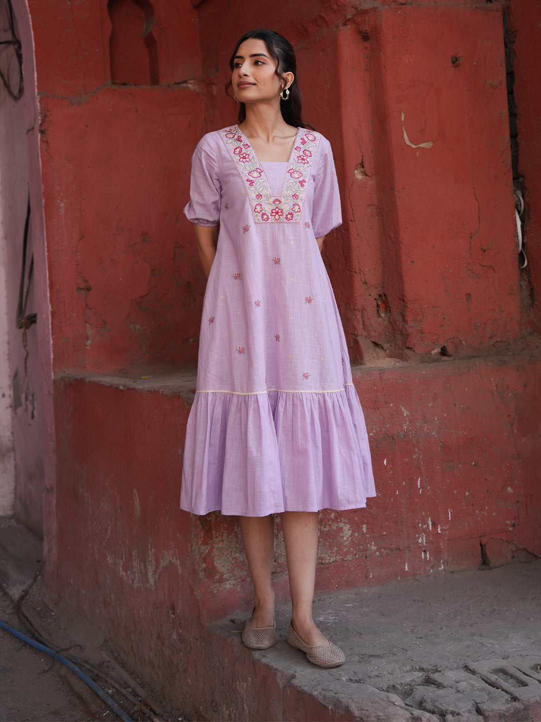 Janasya Lavender A-Line Cotton Linen Dress - Dista