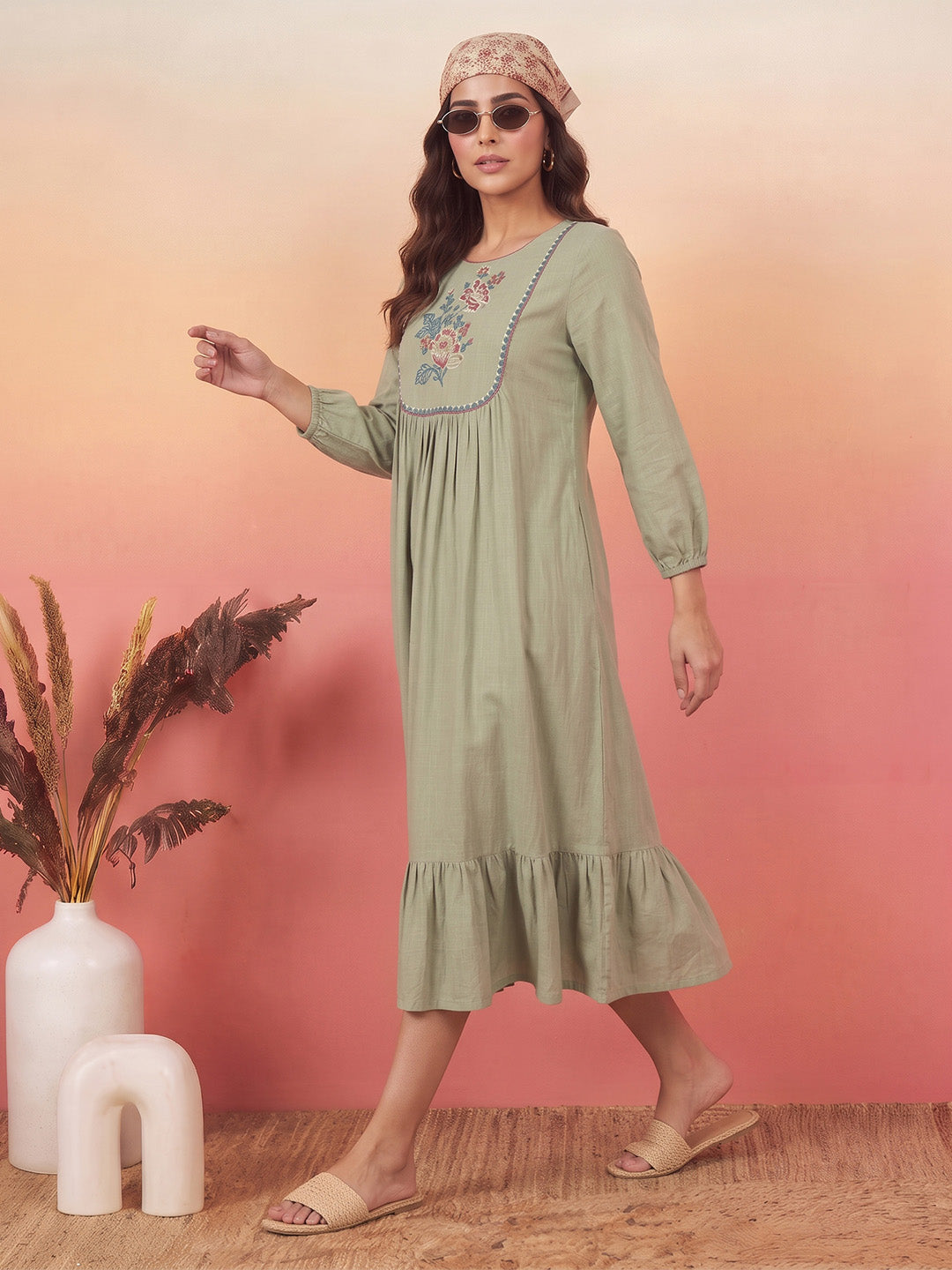 Janasya Sage Green A-Line Cotton Dress - Dista