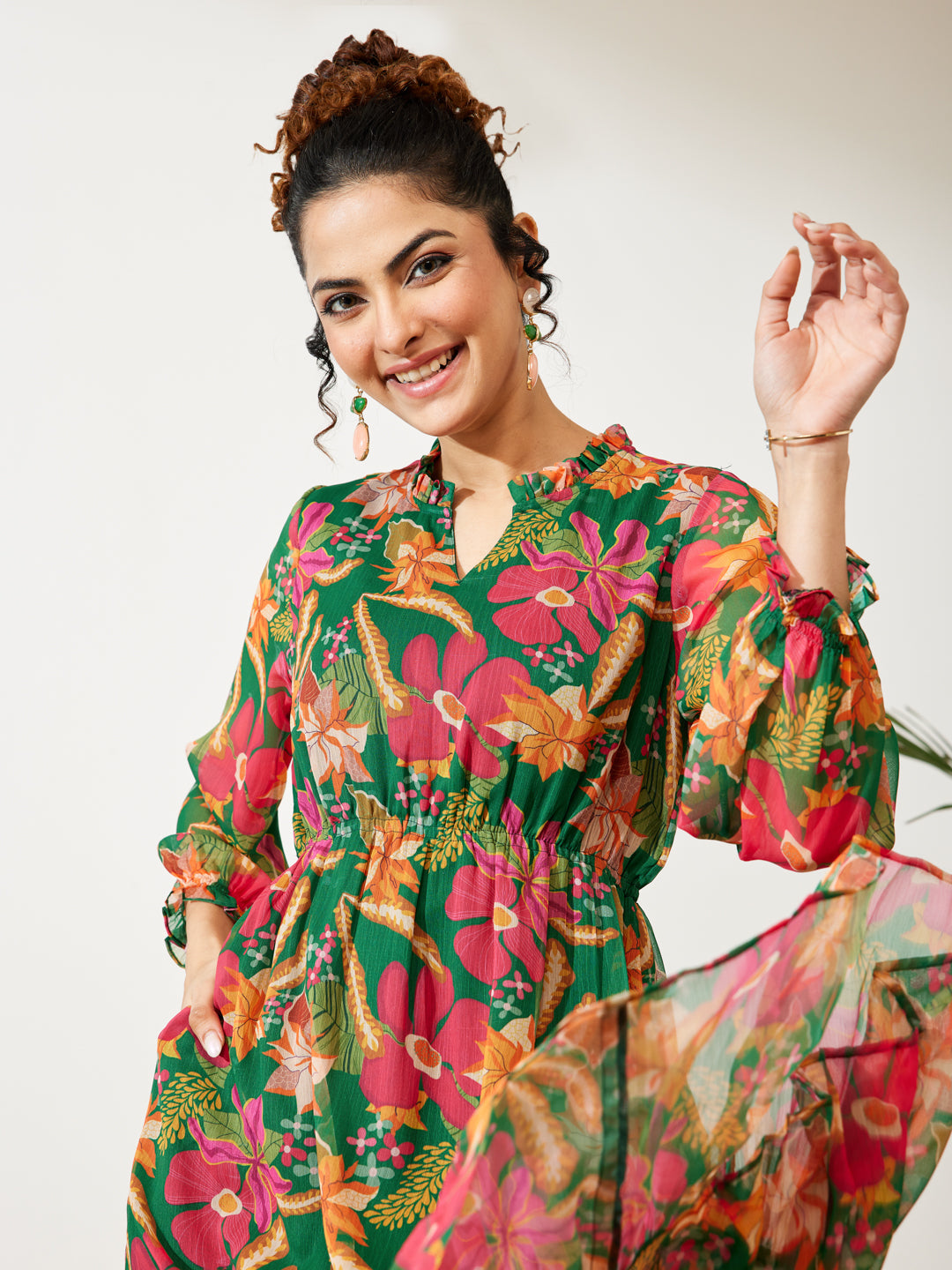 Janasya Green Fit & Flare Chiffon Dress - Dista