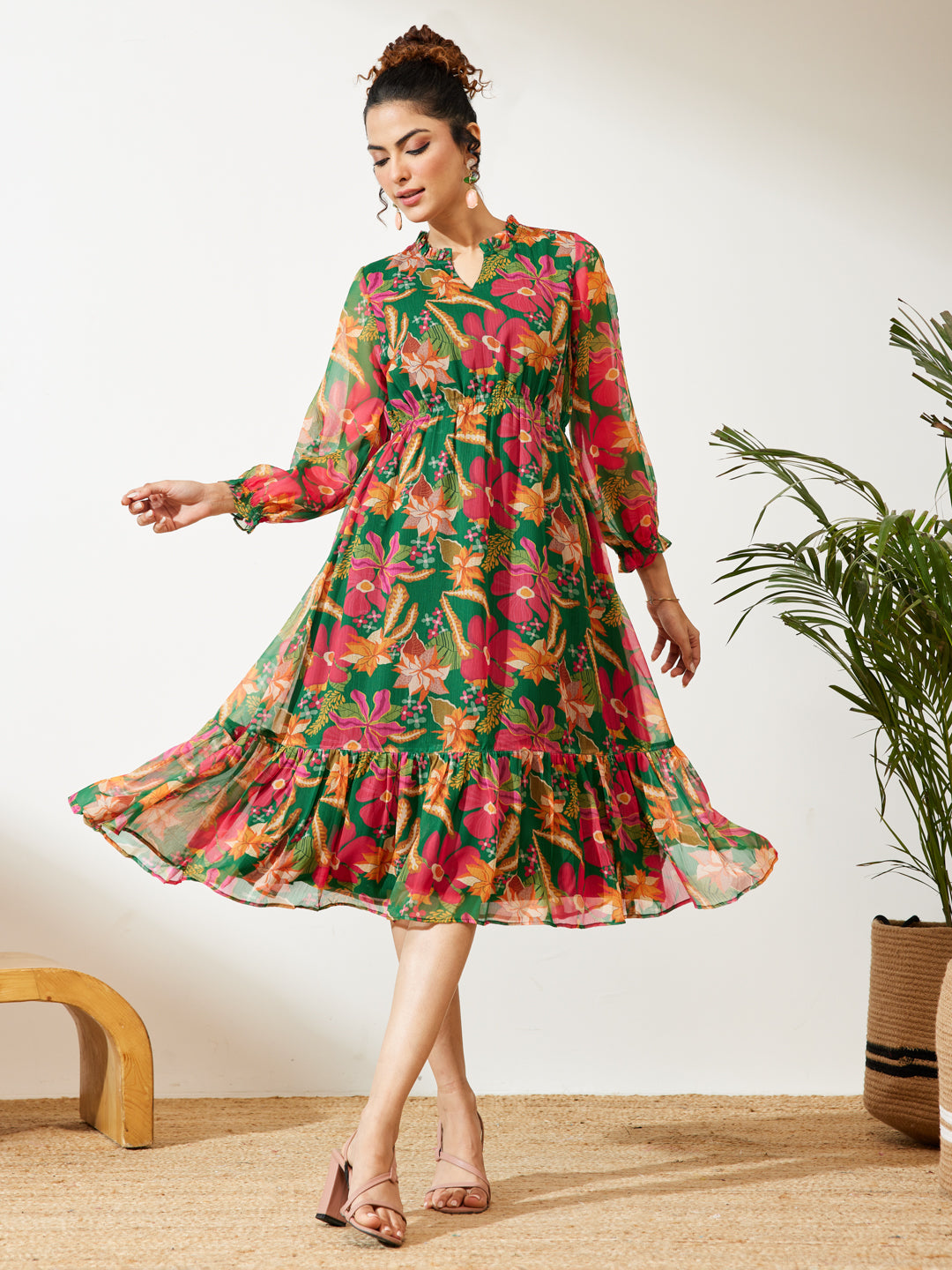 Janasya Green Fit & Flare Chiffon Dress - Dista