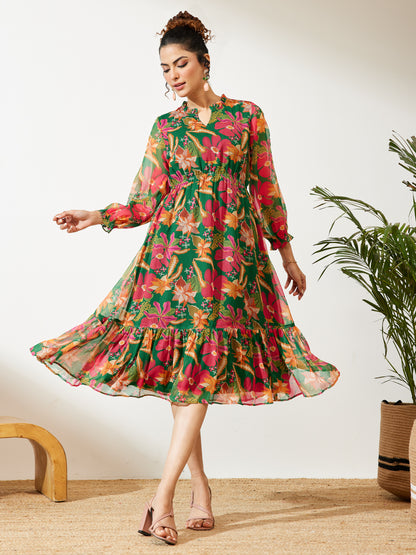 Janasya Green Fit & Flare Chiffon Dress - Dista