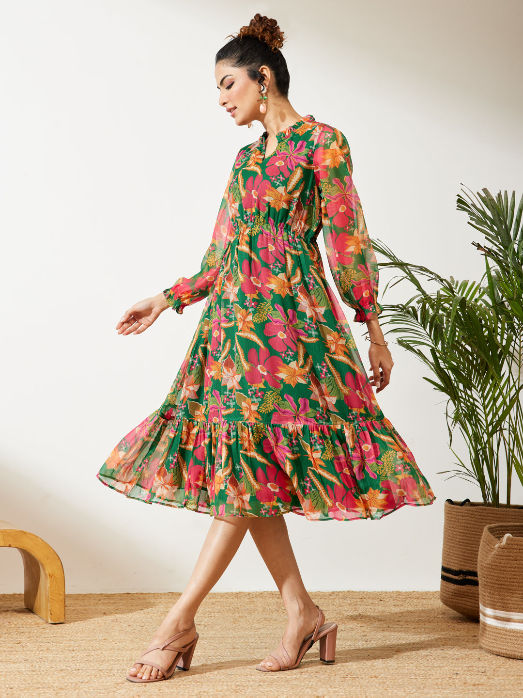 Janasya Green Fit & Flare Chiffon Dress - Dista