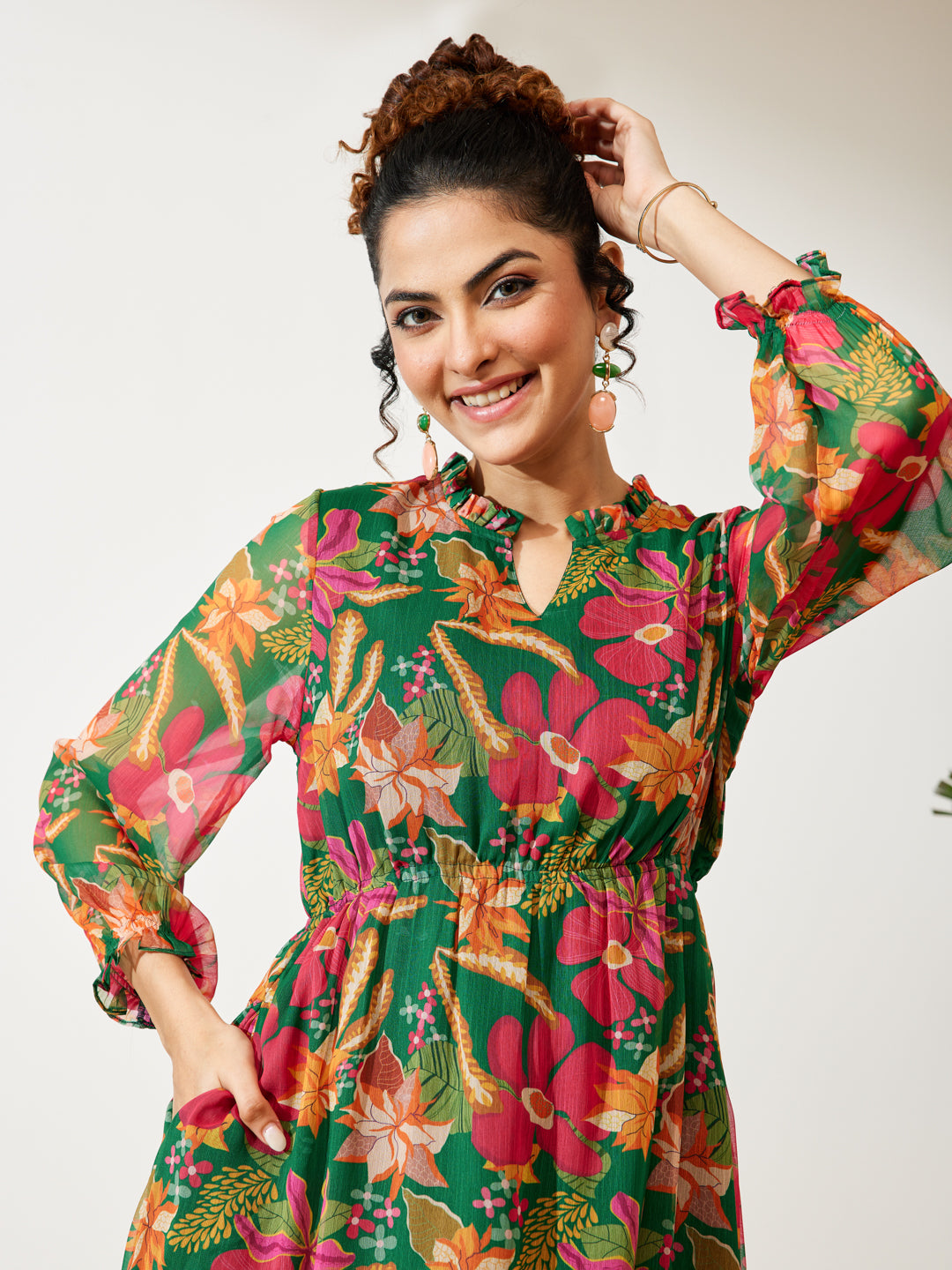 Janasya Green Fit & Flare Chiffon Dress - Dista
