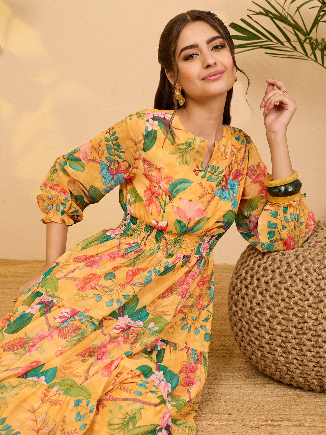 Janasya Yellow Tiered Georgette Dress - Dista