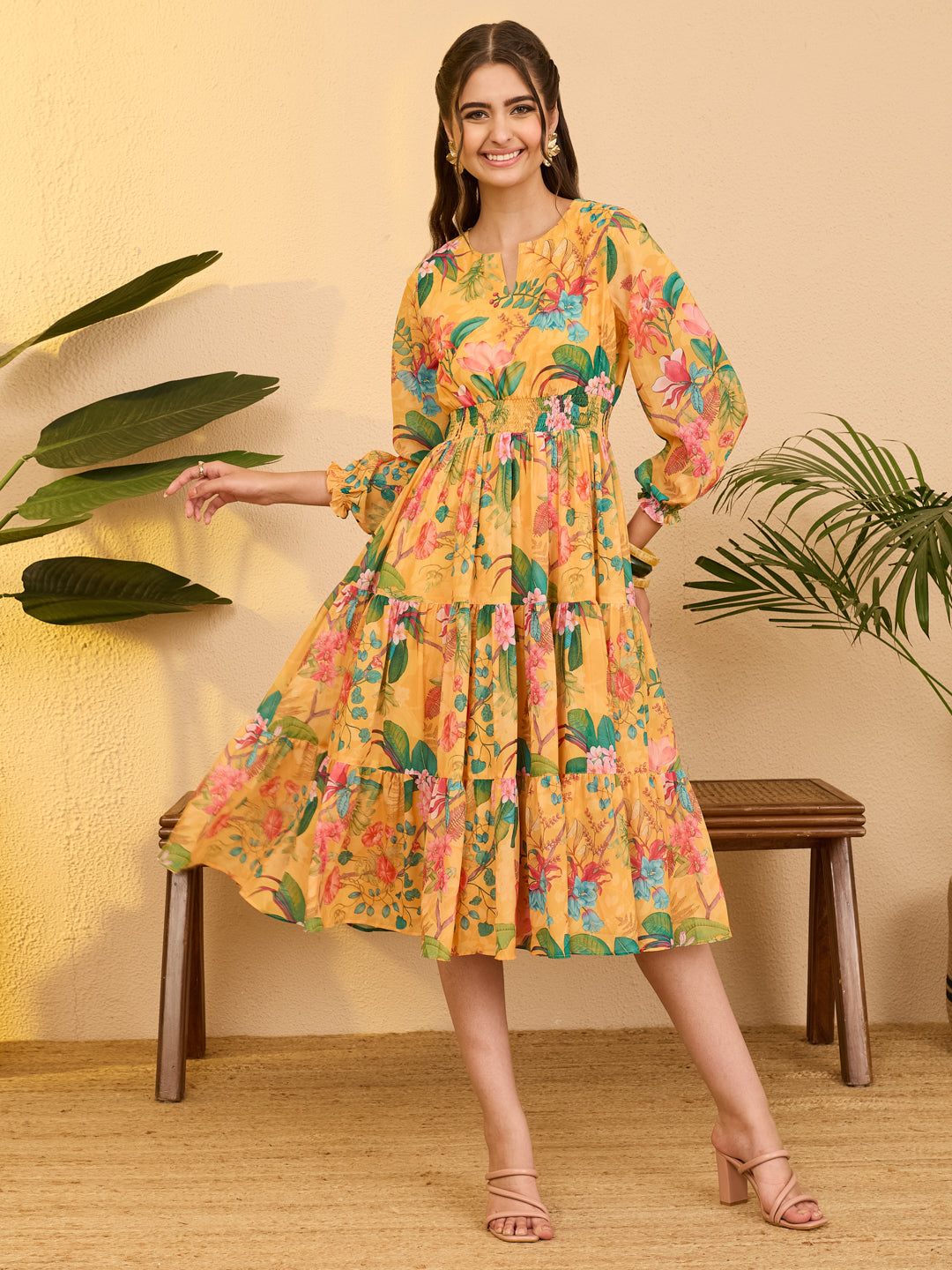 Janasya Yellow Tiered Georgette Dress - Dista