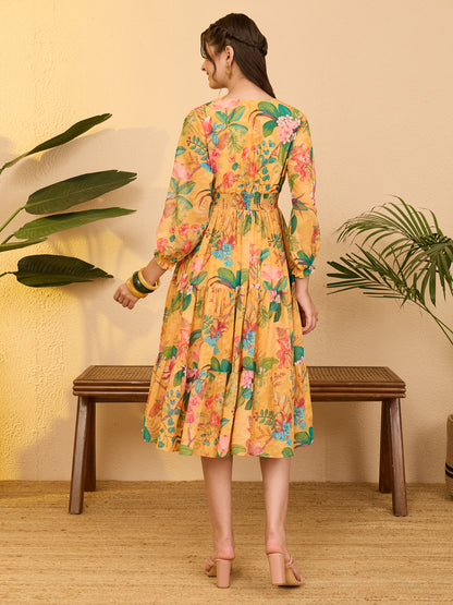 Janasya Yellow Tiered Georgette Dress - Dista