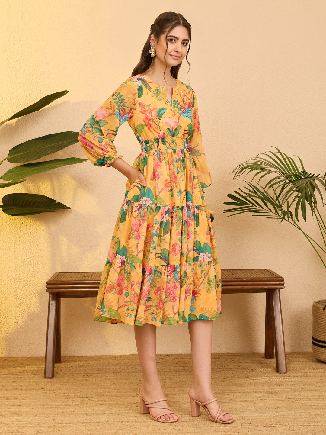 Janasya Yellow Tiered Georgette Dress - Dista