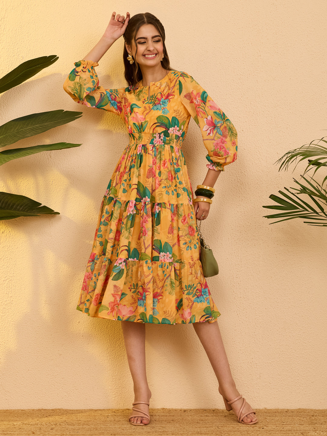 Janasya Yellow Tiered Georgette Dress - Dista