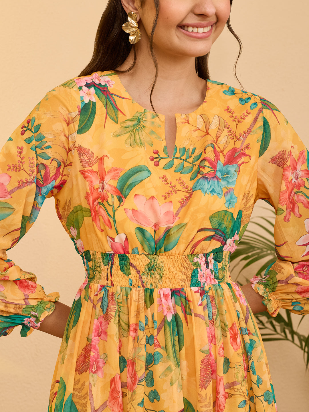 Janasya Yellow Tiered Georgette Dress - Dista