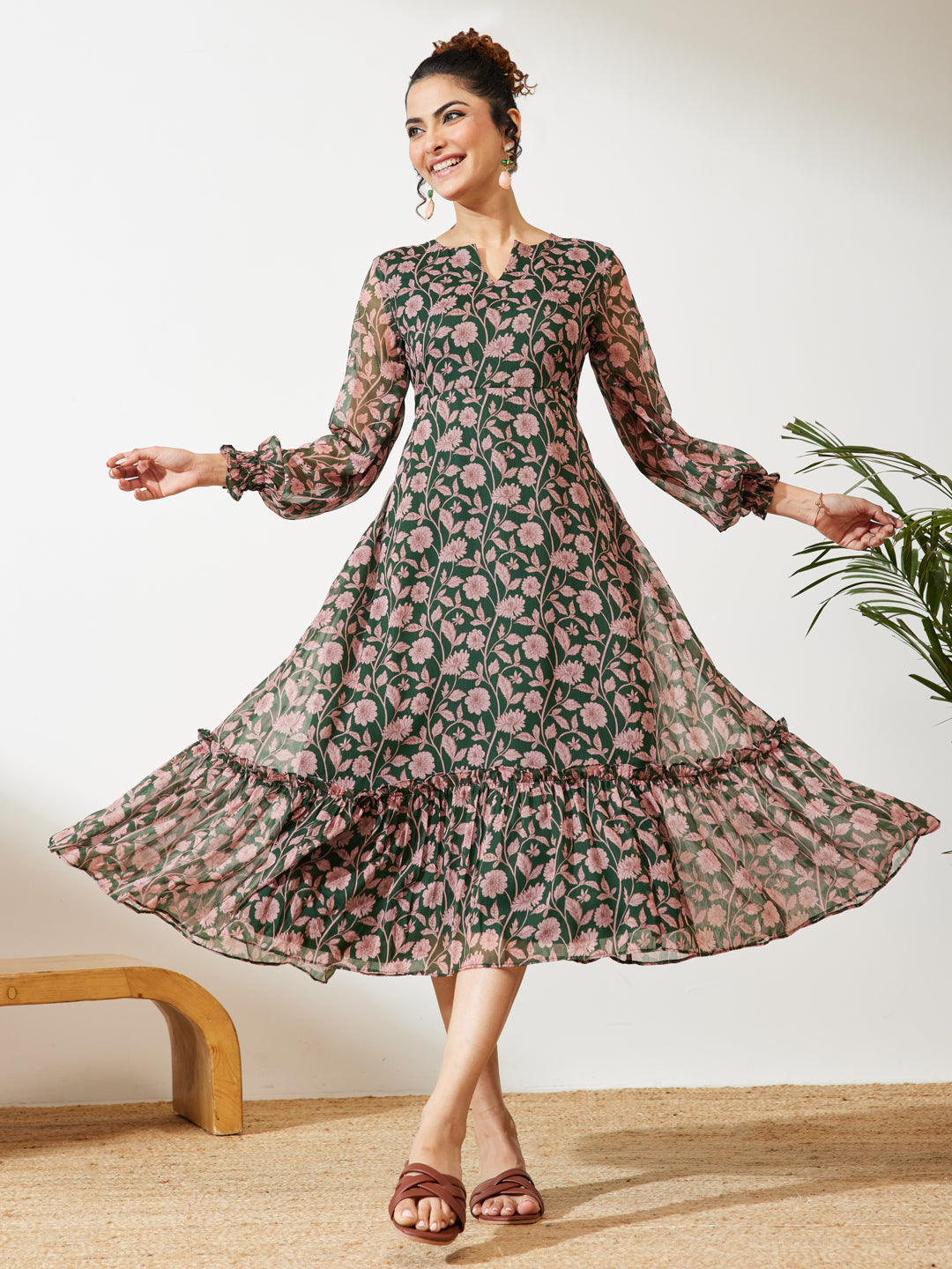 Janasya Green A-Line Chiffon Dress - Dista