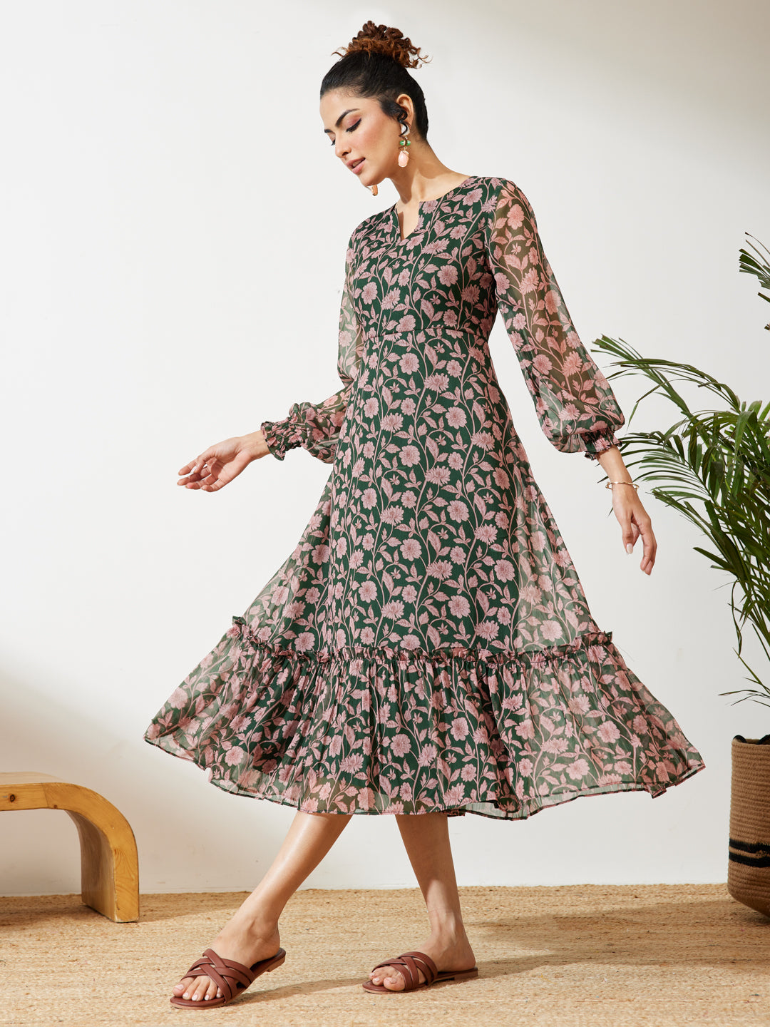 Janasya Green A-Line Chiffon Dress - Dista