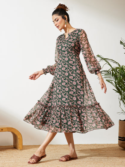 Janasya Green A-Line Chiffon Dress - Dista