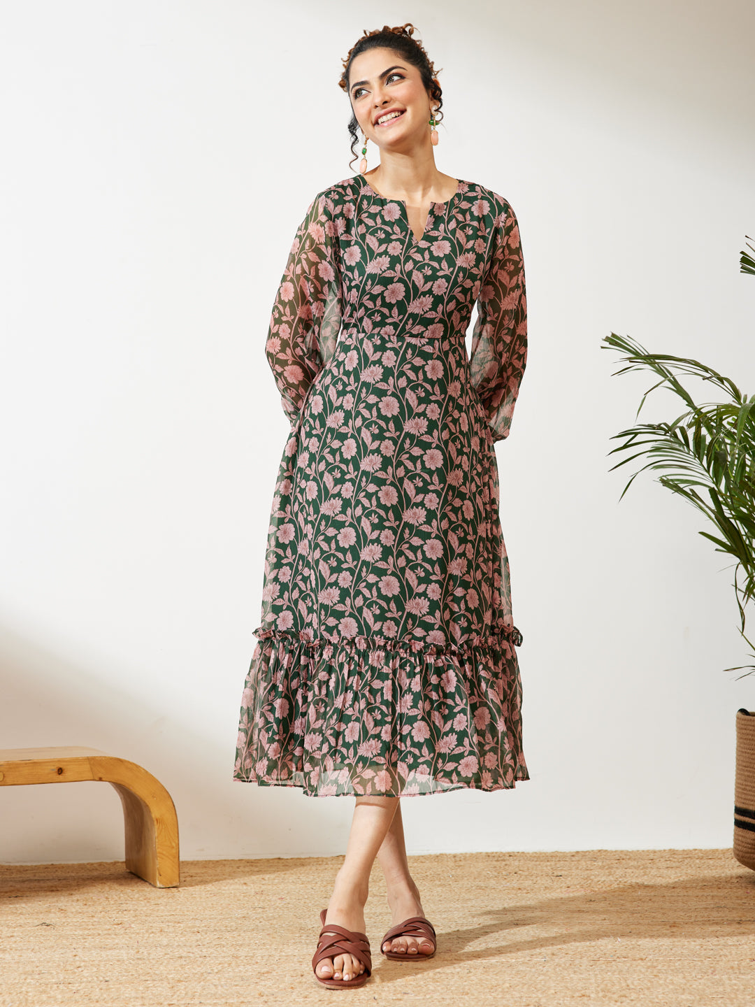 Janasya Green A-Line Chiffon Dress - Dista