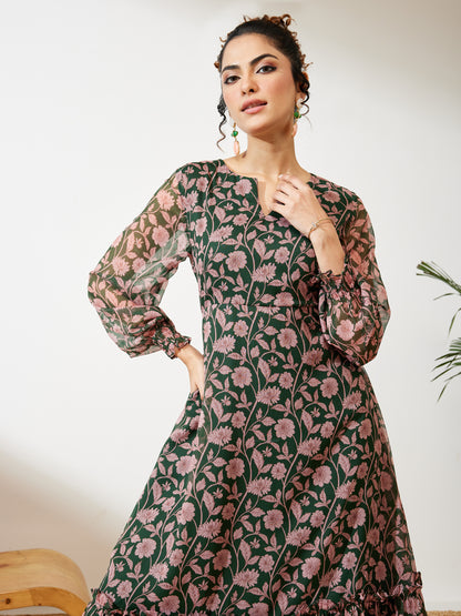 Janasya Green A-Line Chiffon Dress - Dista