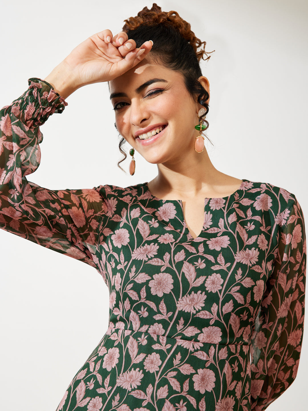 Janasya Green A-Line Chiffon Dress - Dista