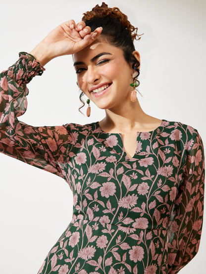 Janasya Green A-Line Chiffon Dress - Dista