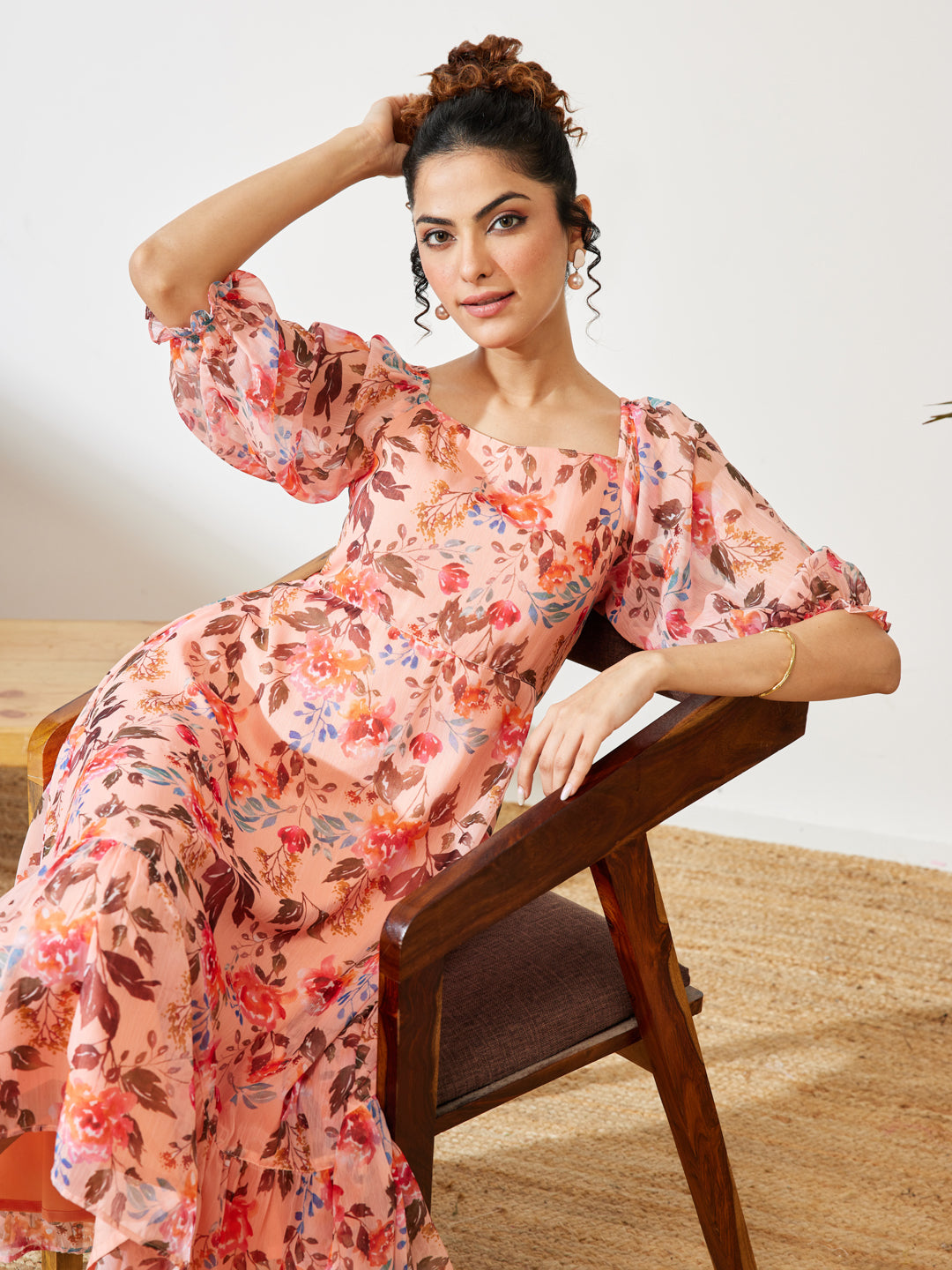 Janasya Peach A-Line Chiffon Dress - Dista