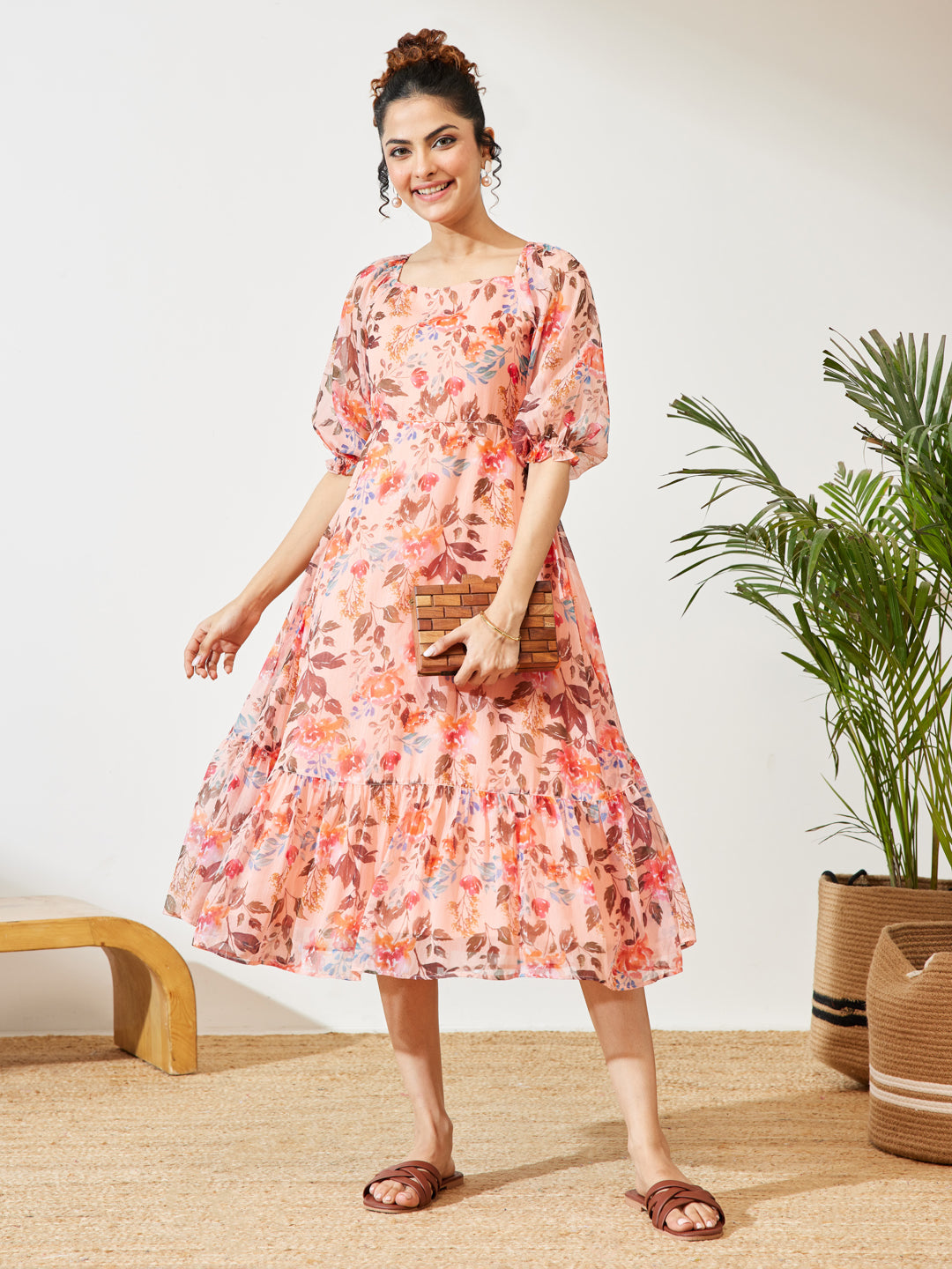 Janasya Peach A-Line Chiffon Dress - Dista