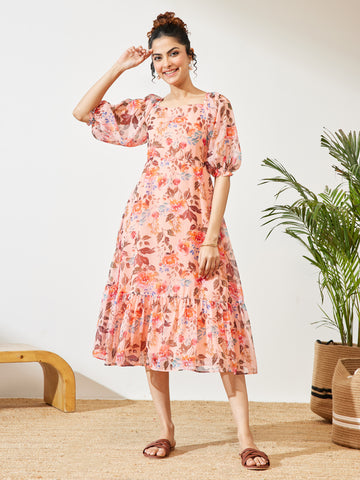 Janasya Peach A-Line Chiffon Dress - Dista