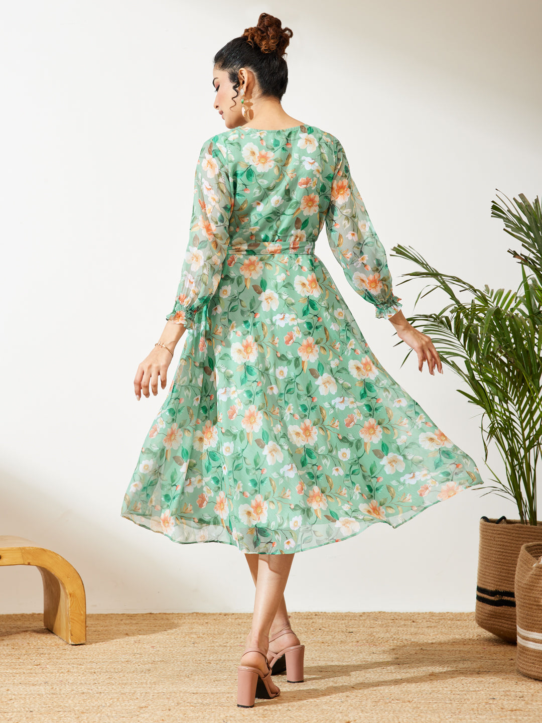 Janasya Mint Fit & Flare Chiffon Dress - Dista