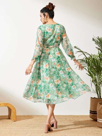 Janasya Mint Fit & Flare Chiffon Dress - Dista