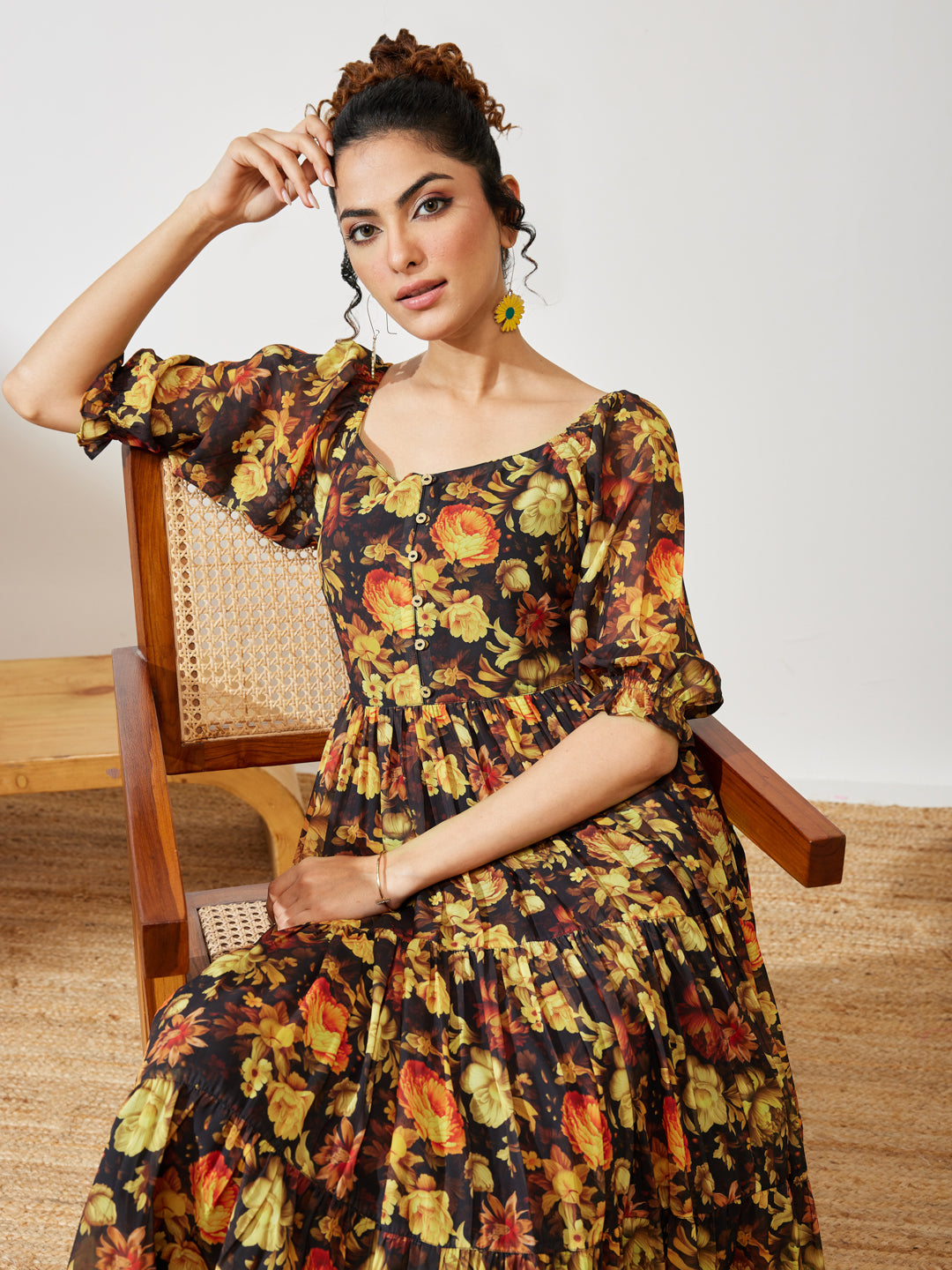 Janasya Black Tiered Georgette Dress - Dista