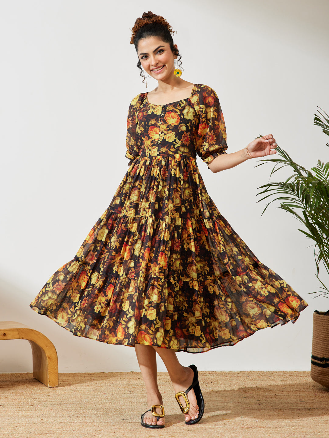 Janasya Black Tiered Georgette Dress - Dista