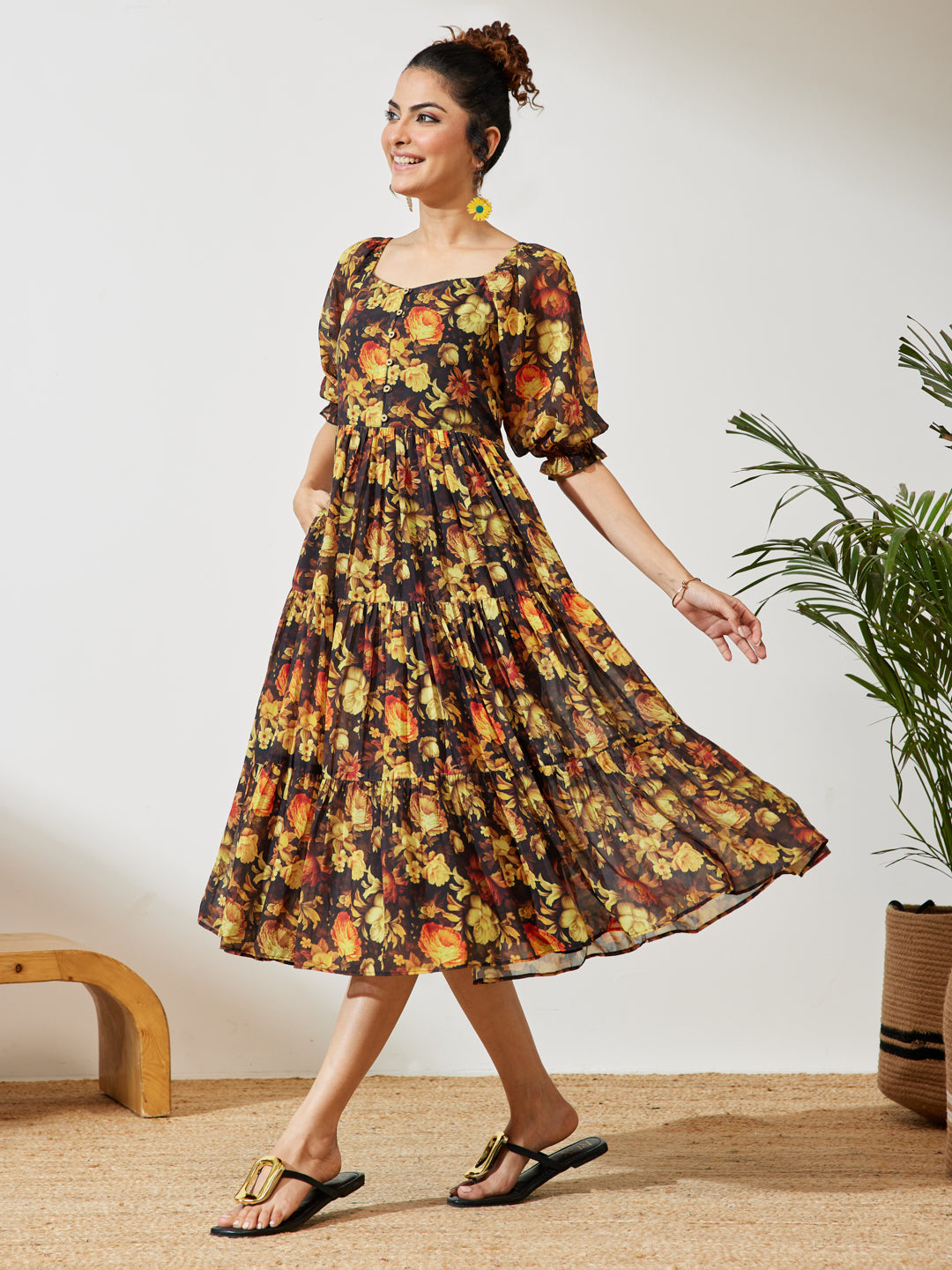 Janasya Black Tiered Georgette Dress - Dista