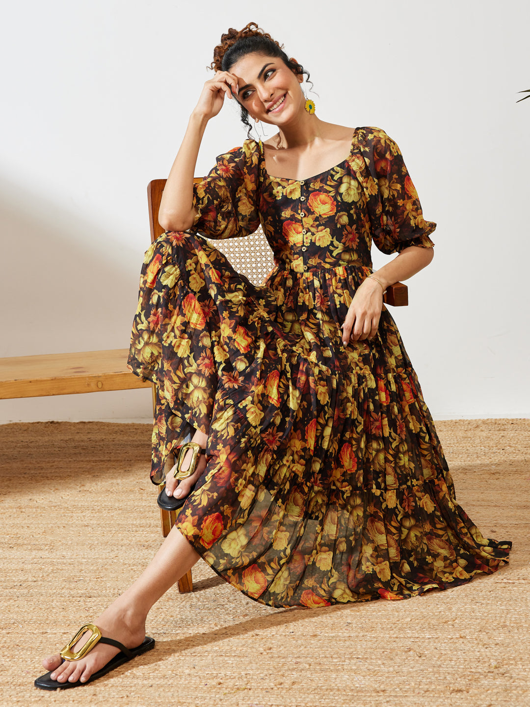Janasya Black Tiered Georgette Dress - Dista