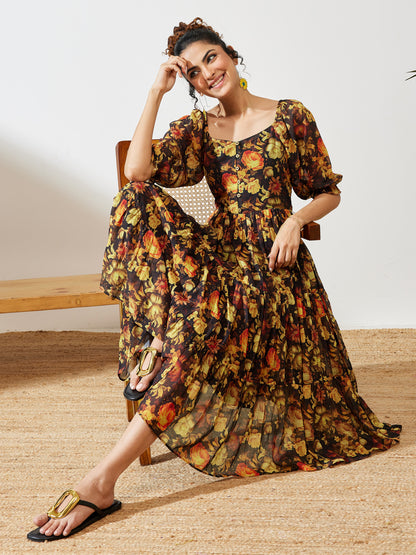 Janasya Black Tiered Georgette Dress - Dista