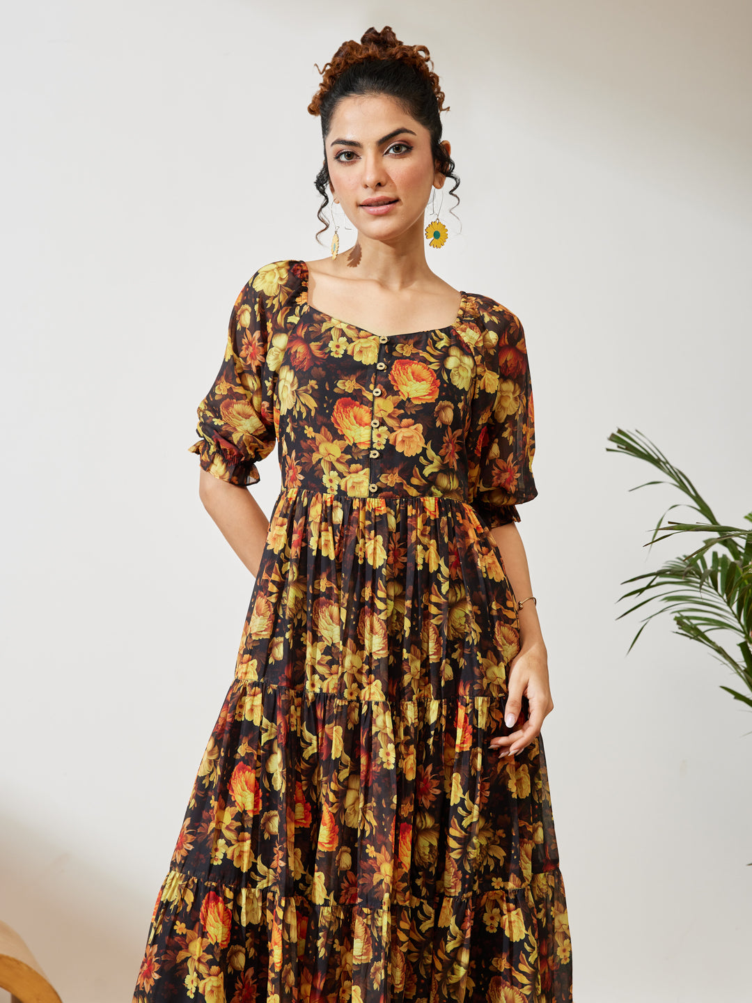 Janasya Black Tiered Georgette Dress - Dista