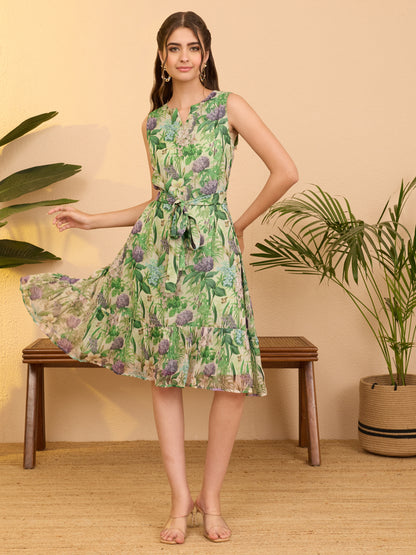 Janasya Mint Fit & Flare Chiffon Dress - Dista